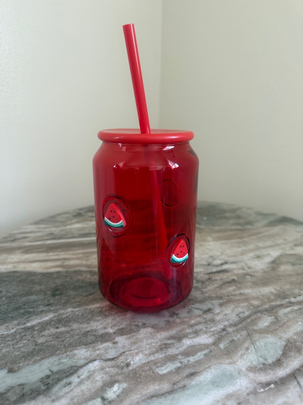 Viral Tik tok dollar tree Red Watermelon Glass jar  Tumbler with Straw